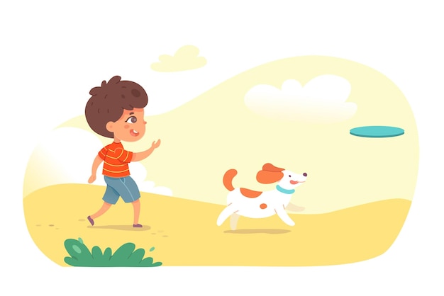 Мальчик играет со щенком в парке или на детской площадке Ребенок с собакой бросает питомца прыгает на природе