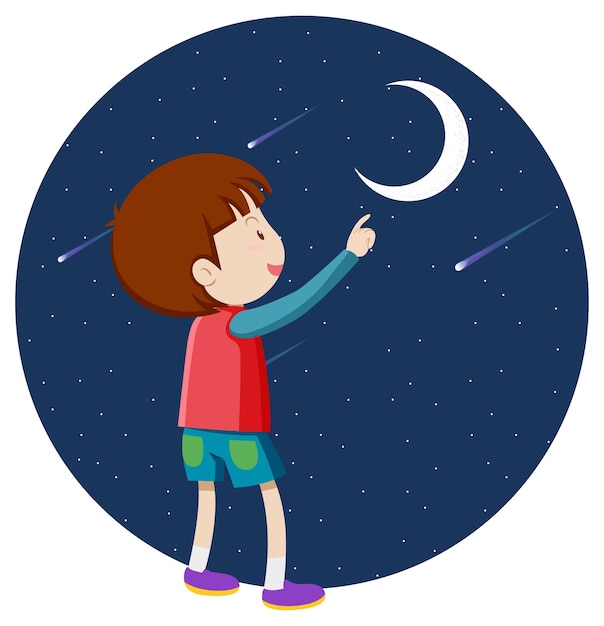 Free vector a boy pointing finger to the moon