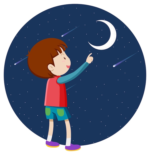 a boy pointing finger to the moon