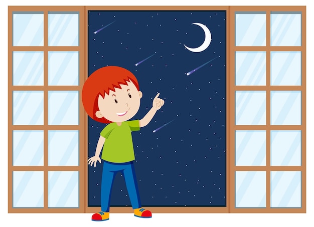 Мальчик указывая пальцем на луну