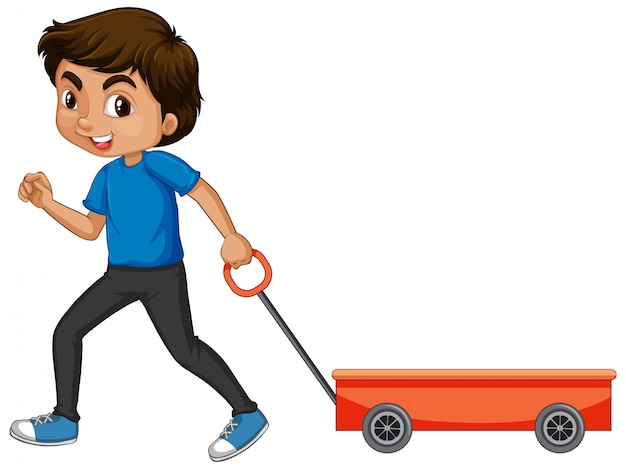 Boy pulling cart on white