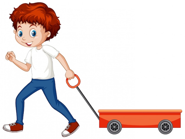 Boy pulling wagon cart on white