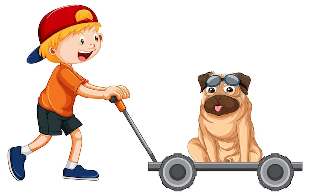 A boy pushing cart with a pug dog