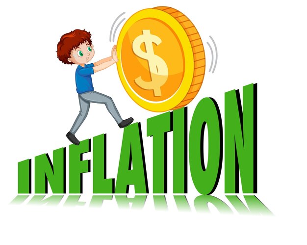 Мальчик толкает монету и ходит по логотипу инфляции