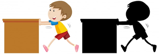 Free vector boy pushing the table with its silhouette