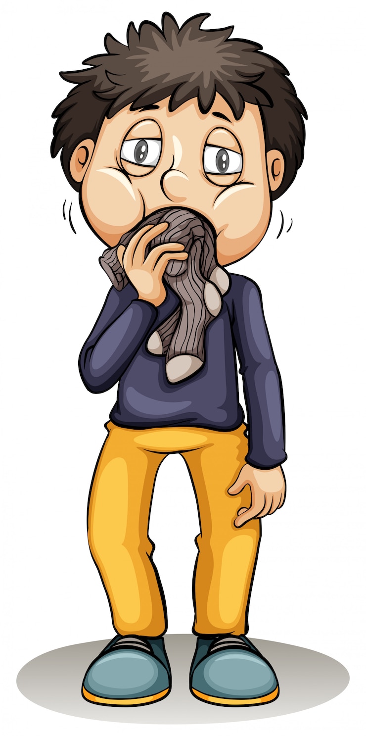 Free Vector a boy putting a sock in his mouth