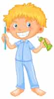 Free vector boy in pyjamas holding toothbrush and toothpaste