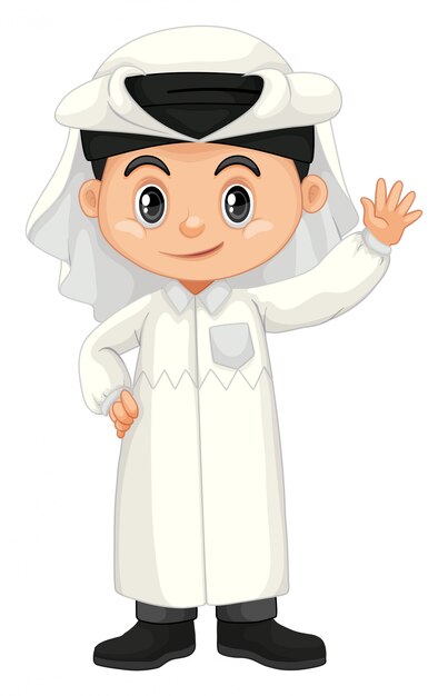 Boy in Qatar costume waving hand