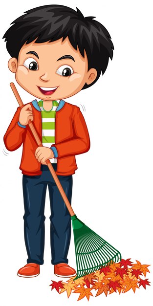 Free Vector | Boy raking leaves on white