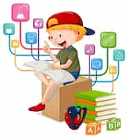 Free vector a boy read books on white background