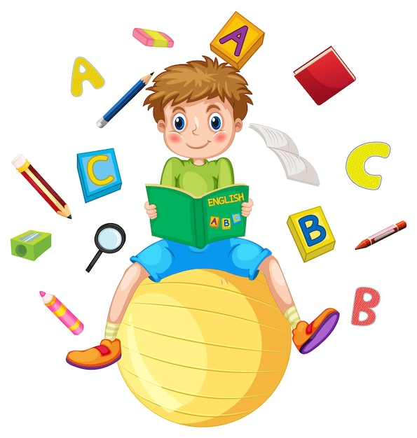 Free vector a boy read books on white background