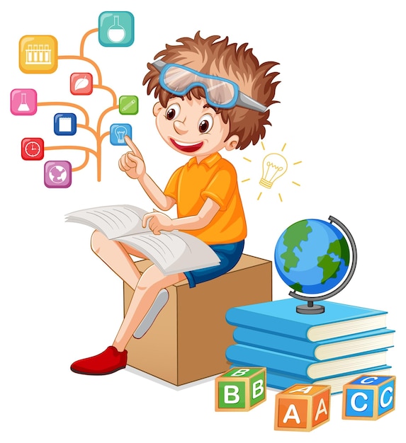 Free vector a boy read books on white background