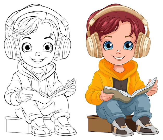 Free vector boy reading a book and wearing headset