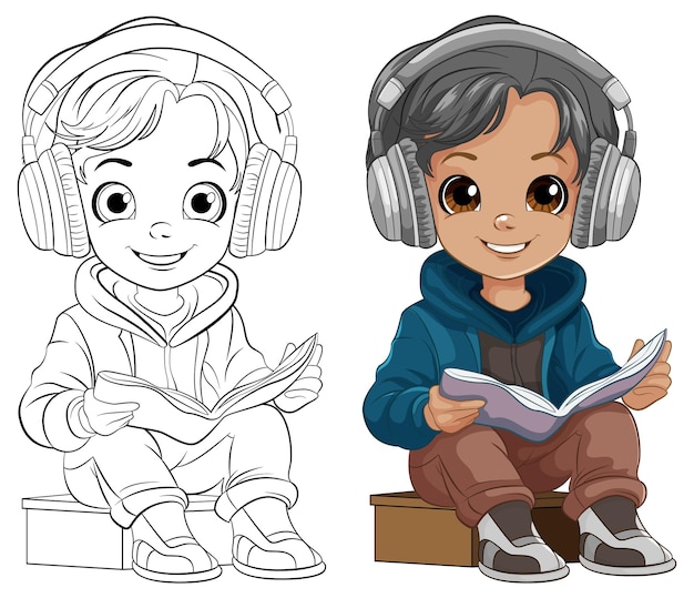 Free vector boy reading a book and wearing headset