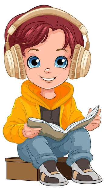 Free vector boy reading a book and wearing headset