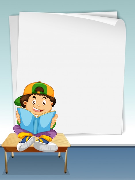 Boy reading book with page frame background for copyspace