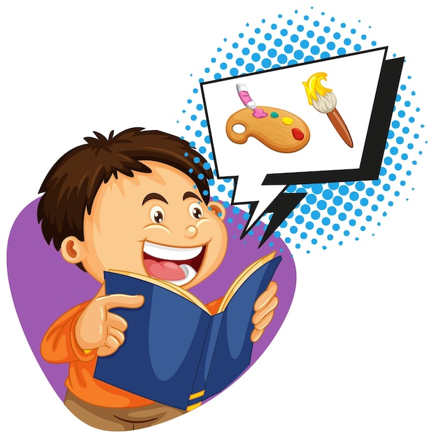 Free vector boy reading book wtih speech bubble