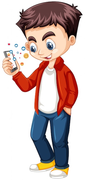 Boy in red shirt using smart phone cartoon character isolated