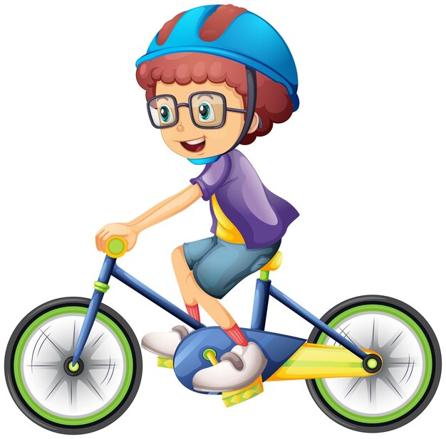 Мальчик, езда на велосипеде мультипликационный персонаж, изолированные на белом