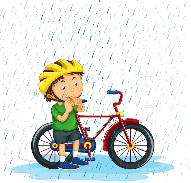 Boy riding bike in rain