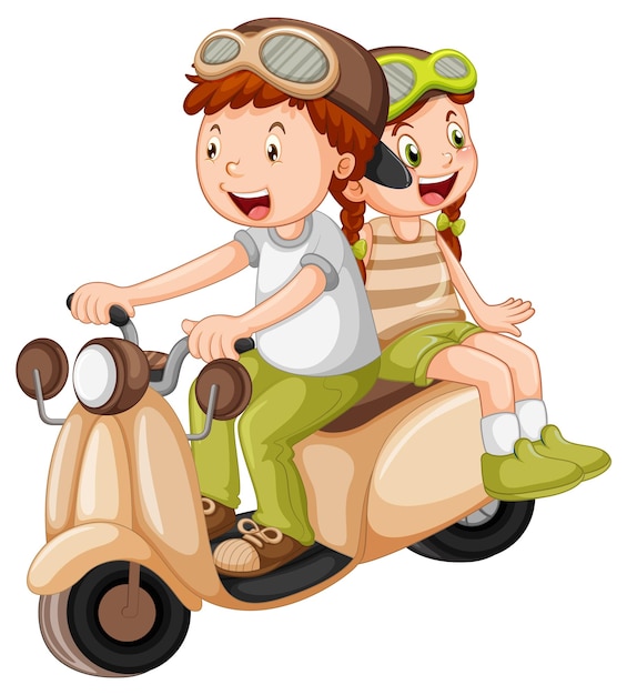 A boy ridng motorcycle with a girl cartoon