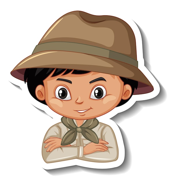 Vettore gratuito ragazzo in costume da safari adesivo personaggio dei cartoni animati