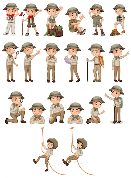 Free vector boy in safari outfit doing different activities on white