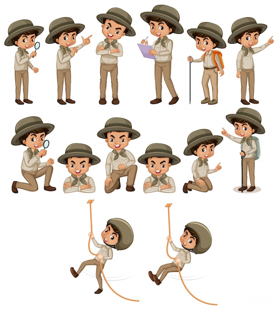 Boy in safari outfit doing different things