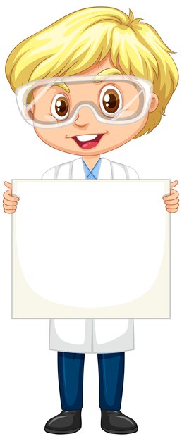 Boy in science gown holding paper on white
