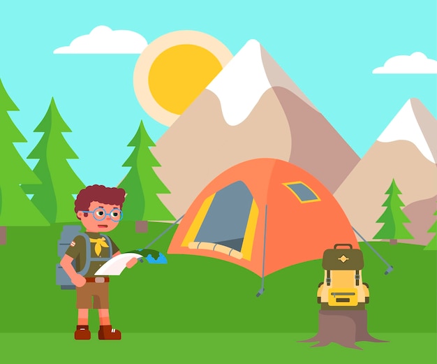 Free vector boy scout backpacker wearing costume and eyeglasses holding paper map and looking for rout campsite with tent for overnight stay mountain forest valley landscape