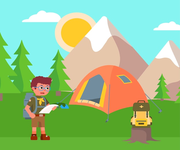 コスチュームと眼鏡を身に着けて紙の地図を持って、一晩滞在するためのテントのあるルートキャンプ場を探しているボーイスカウトバックパッカー山の森の谷の風景