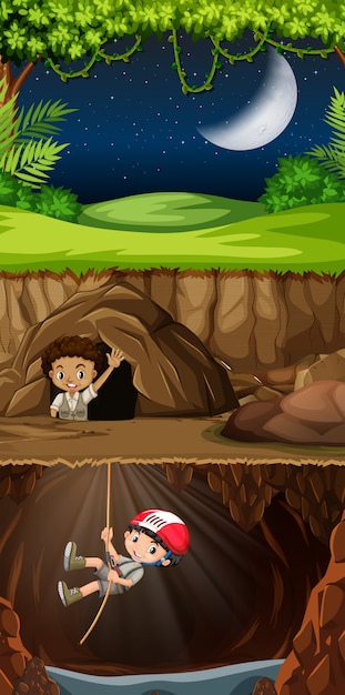 Free vector boy scout exploring the cave