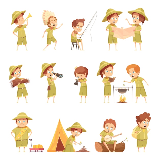 Set di icone del fumetto retrò boy scout