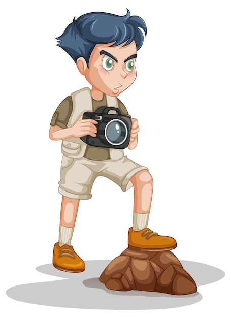 Ragazzo in uniforme da scout che tiene la macchina fotografica