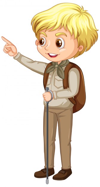 Boy in scout uniform with hiking stick on white