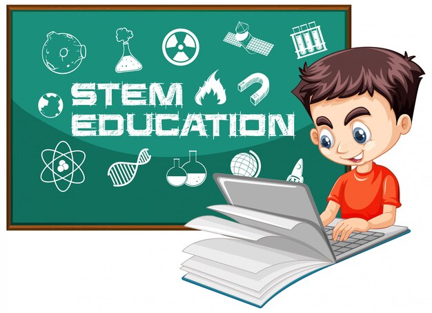 Boy searching on laptop with stem education logo cartoon style isolated on white background