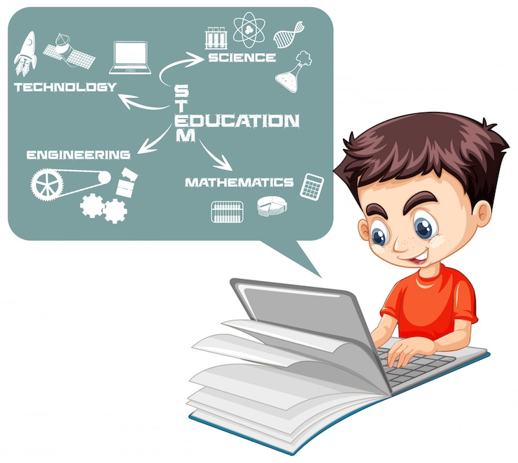 Free Vector boy searching on laptop with stem education map cartoon style isolated on white background