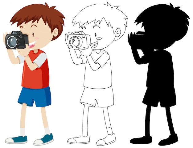 Free vector boy shooting photo with camera in color and outline and silhouette