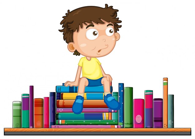 Boy sits on pile of book