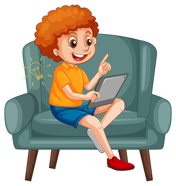 Free vector boy sitting on couch learning from tablet