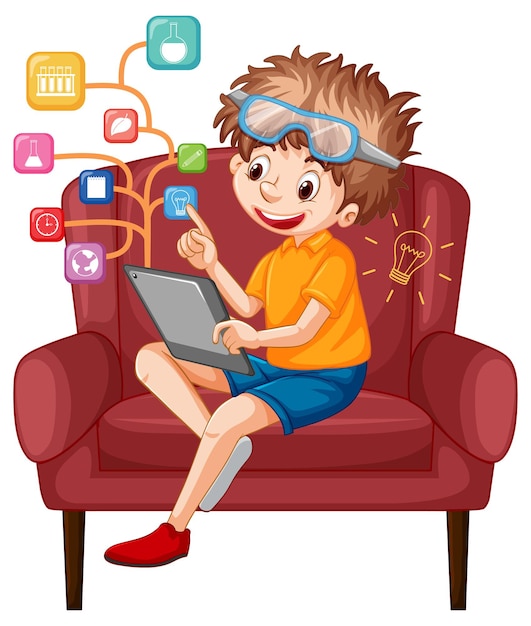 Boy sitting on couch learning from tablet