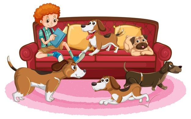 Мальчик сидит на диване со многими гончими собаками