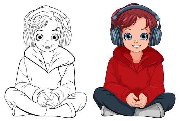Free vector boy sitting on the floor listening to music with headset and doo