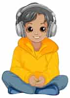 Free vector boy sitting on the floor listening to music with headset