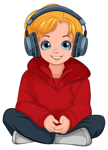 Boy sitting on the floor listening to music with headset