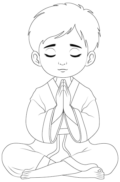 座って瞑想するために祈る少年