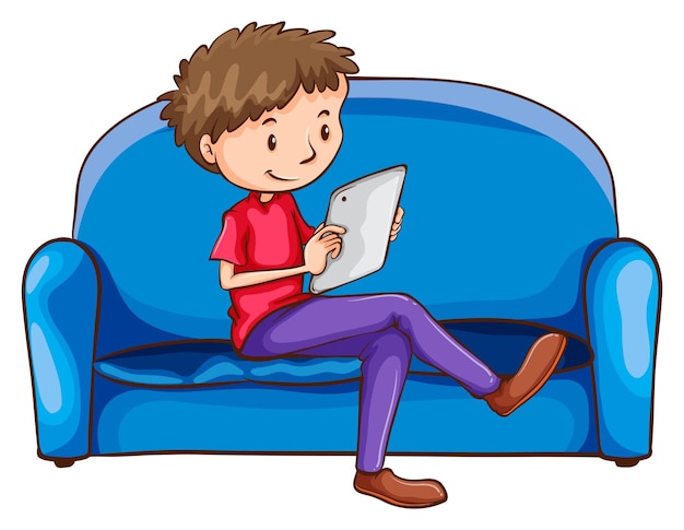 Free vector a boy sitting at the sofa with a gadget