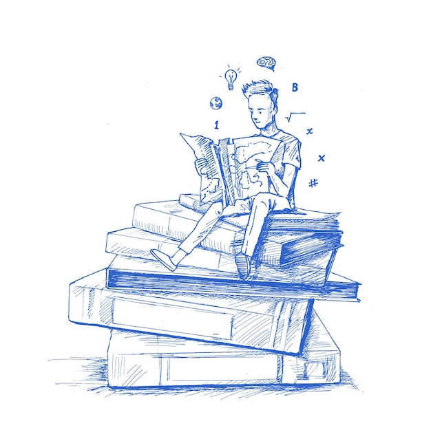 本を読んでフォルダーのスタックに座っている少年手描きスケッチベクトルイラスト