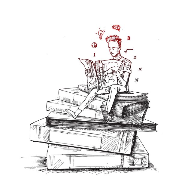 Boy sitting on Stack of folder with reading books Hand Drawn Sketch Vector illustration
