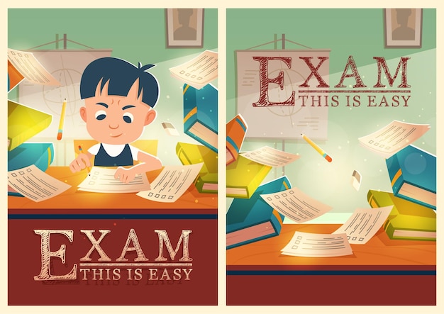 Free vector boy solve test pass exam in school cartoon posters